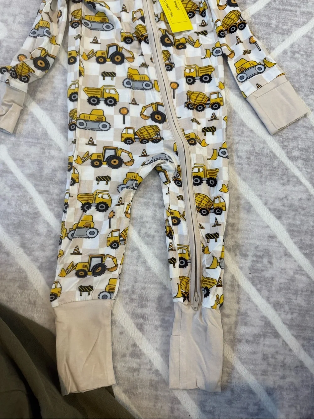Beige One-Piece Pajama with Yellow Construction bamboo